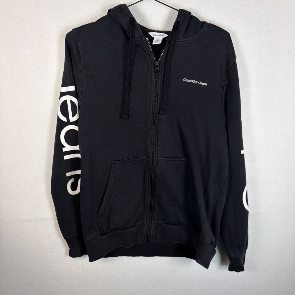 Calvin Klein Mens Medium Black Traveling Sleeve Back Logo Full Zip Hoodie Sweats